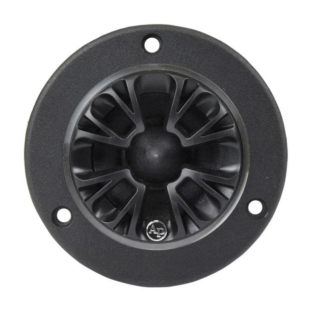 Black horn tweeter with circular grille pattern and three mounting holes