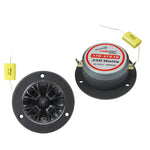 Pair of black horn tweeters with round grills, yellow capacitors and wire leads