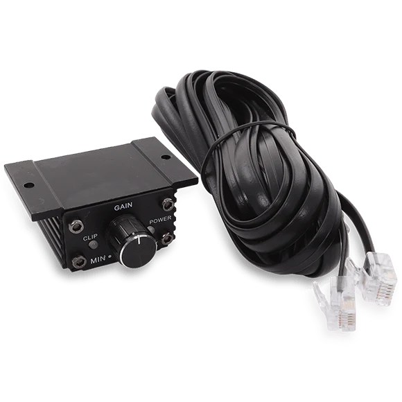 Mono amplifier gain control module with knobs and attached RJ45 cable