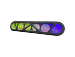 RGB LED speaker rack light bar, six circular openings with green and purple glow