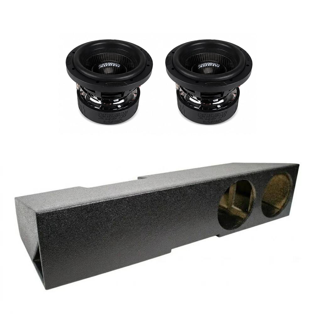 Dual subwoofer enclosure with two black speaker drivers, textured gray mounting box