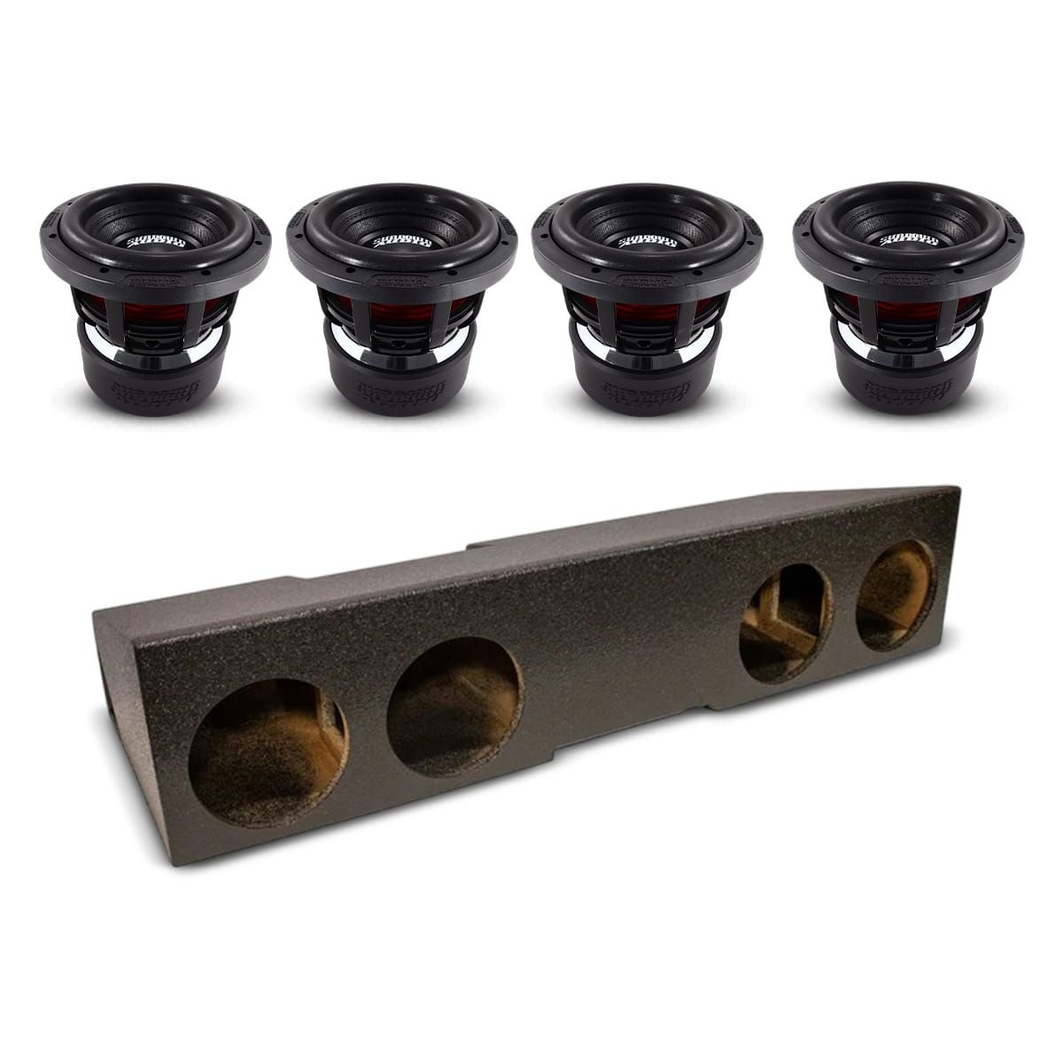 Vehicle subwoofer enclosure with four black 8-inch subwoofers and mounting cutouts