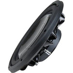 8-inch shallow subwoofer angled side view, black frame and speaker terminals