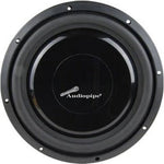 Audiopipe 8-inch shallow subwoofer with black cone and mounting holes