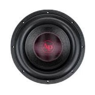 Front view of black 12-inch subwoofer with red center dust cap