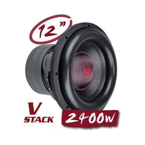 12-inch black subwoofer with red center cap and V-stack marking on cone