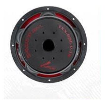Top view of black 12-inch subwoofer basket with red markings and bolt holes