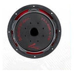 Top view of black 12-inch subwoofer basket with red markings and bolt holes