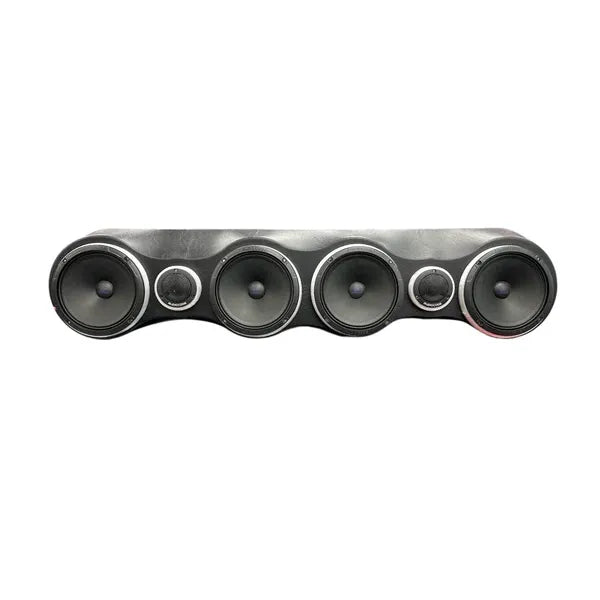 Car speaker driver array with four gray circular woofers on a black bar