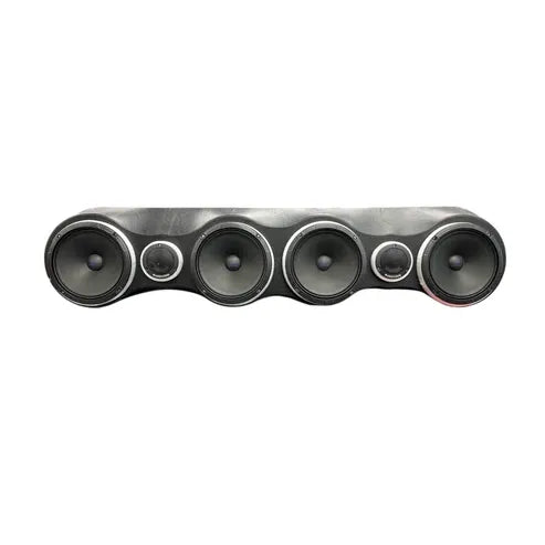 Black multi-driver speaker array with four large woofers and small tweeters