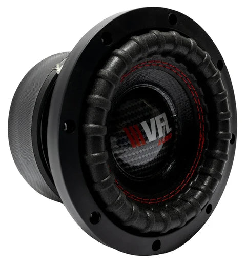 6.5 in VFL car subwoofer with black surround and red stitched trim, VFL logo