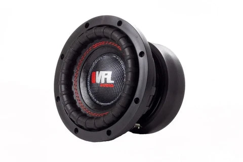 6.5 in VFL car subwoofer, angled view of black cone and mounting screw holes
