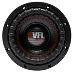 6.5 in VFL car subwoofer, black cone with red stitched ring and VFL Audio badge