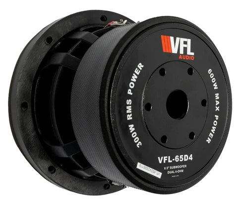 VFL 6.5 in subwoofer rear with label and power/RMS text, black metal frame