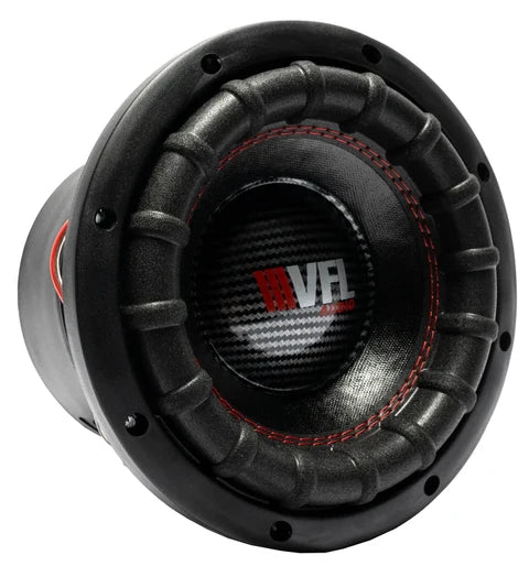 VFL Audio 8 in subwoofer cone, black surround with red stitching and VFL Audio badge