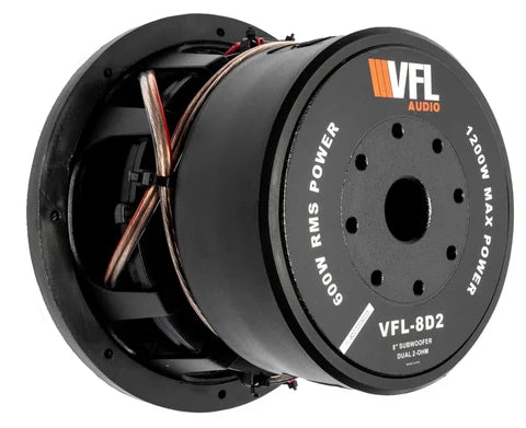 VFL Audio 8 in subwoofer side view, black frame with VFL-8D2 spec label