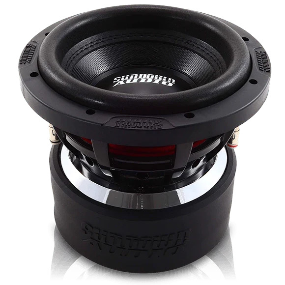 Black Sundown Audio 8-inch subwoofer driver with vented basket and logo cone