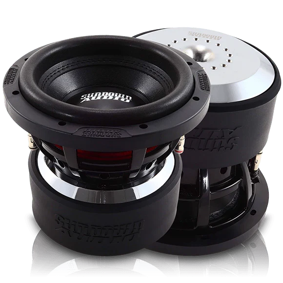 Dual 8-inch subwoofer speaker with black cone and surround, close-up view.