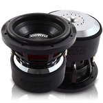 Dual 8-inch subwoofer driver set with black enclosure and front grilles