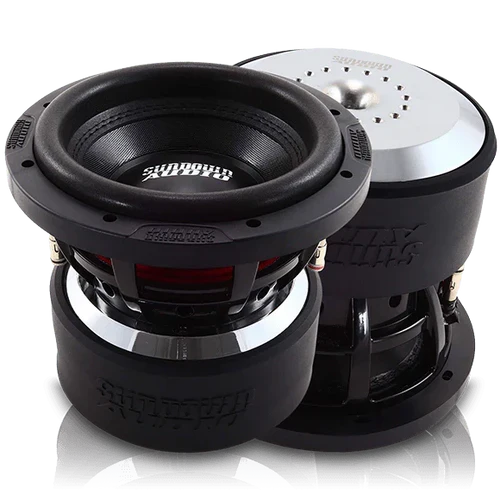 Dual 8-inch subwoofer driver set with black enclosure and front grilles