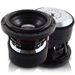 Dual subwoofer enclosure with two black drivers and metal trim, close-up front view