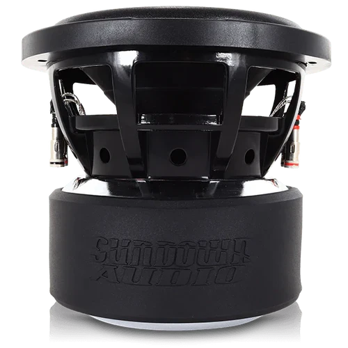Front view of a dual 8-inch subwoofer driver with black basket housing