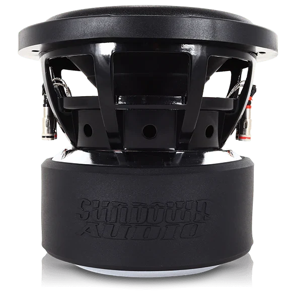 Subwoofer driver frame and rear terminals with black motor housing, straight-on view