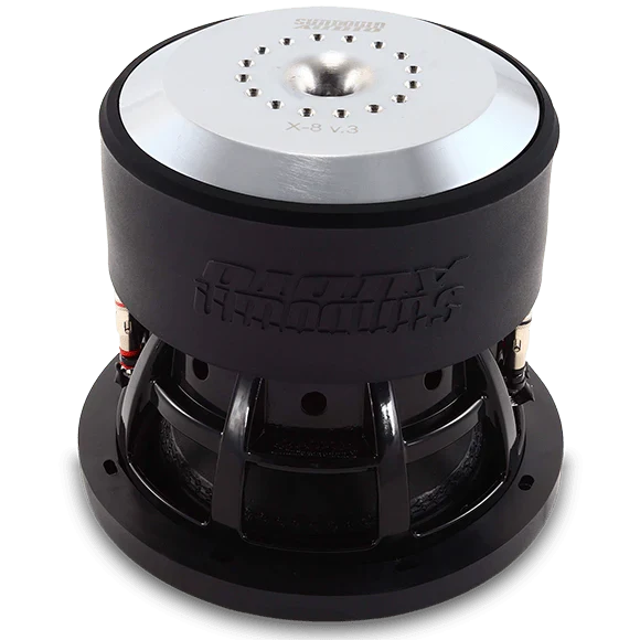 8-inch subwoofer driver with silver metal top plate and black housing, close-up.