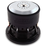 Black subwoofer driver with silver top plate labeled X-8 v3, side/rear view