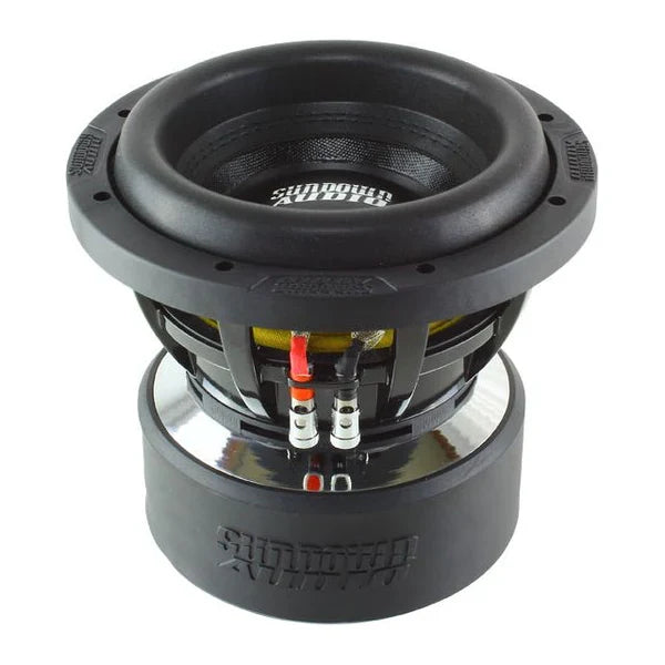 Black 8-inch subwoofer driver with visible cone and wiring terminals