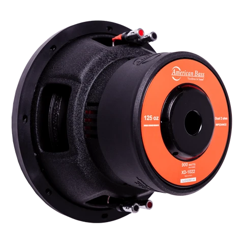 American Bass 12-inch car subwoofer with orange logo label and black cone, red markings
