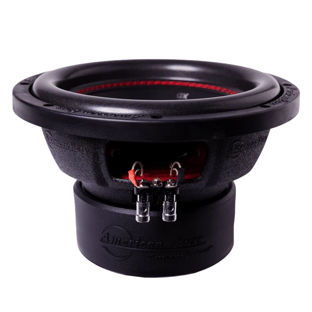 Black 10-inch car subwoofer showing rear mounting basket and dual wiring terminals