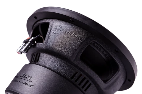 American Bass 12-inch car subwoofer showing textured black cone and black dust cap