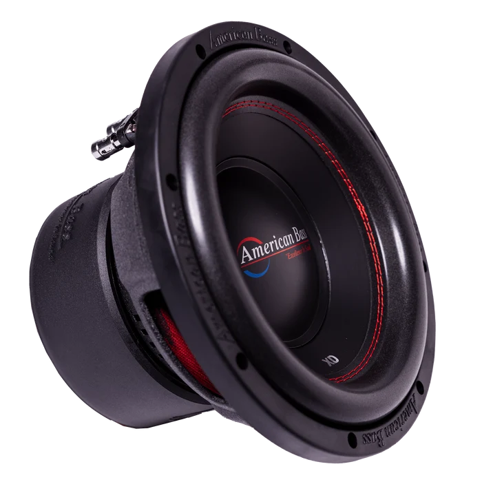 Black 10-inch American Bass subwoofer front view with red speaker ring and logo