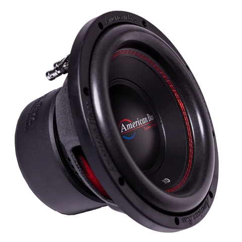 American Bass 12-inch car subwoofer with black cone, red trim ring, and American Bass badge