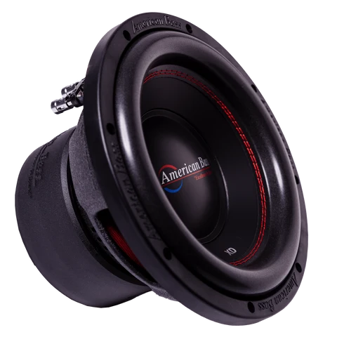American Bass 12-inch car subwoofer angled front with black cone and red surround ring