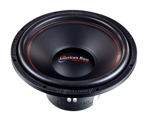 American Bass 15-inch car subwoofer with black cone and red trim surround