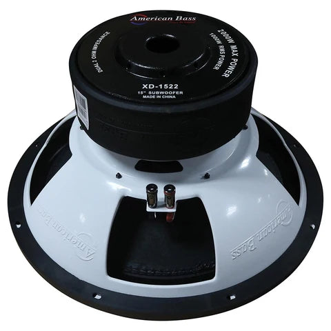 American Bass car subwoofer rear view with black dust cap and mounting base