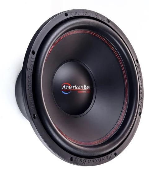 American Bass 15-inch subwoofer front view with black cone and red surround