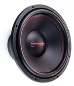 American Bass 15-inch subwoofer front view with black cone and red surround