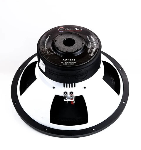 American Bass car subwoofer with black top plate and white mounting basket