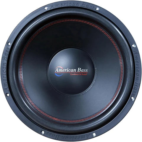American Bass 15-inch subwoofer front view with dark cone and red surround ring