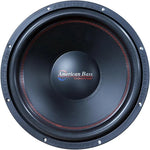 American Bass 15-inch subwoofer front view with dark cone and red surround ring