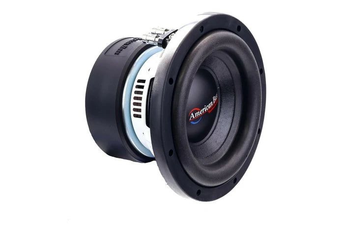 8 in American Bass car subwoofer angled view with black cone and rubber surround