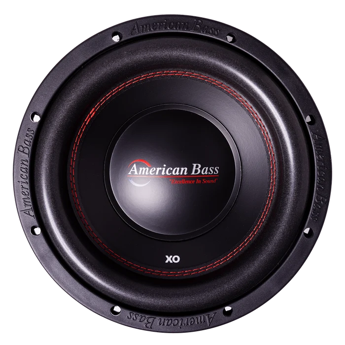 Black 12-inch car subwoofer with red stitched surround and XO badge on cone