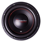 American Bass XO 10 in car subwoofer, black frame, red stitched surround, XO logo