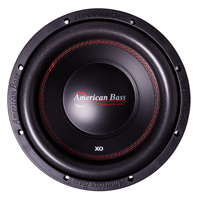American Bass XO 10 in car subwoofer, black frame, red stitched surround, XO logo
