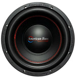 Black 12-inch car subwoofer with red stitched surround and American Bass logo