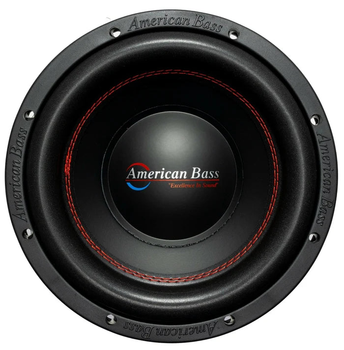 Black 12-inch car subwoofer with red stitched surround and American Bass logo