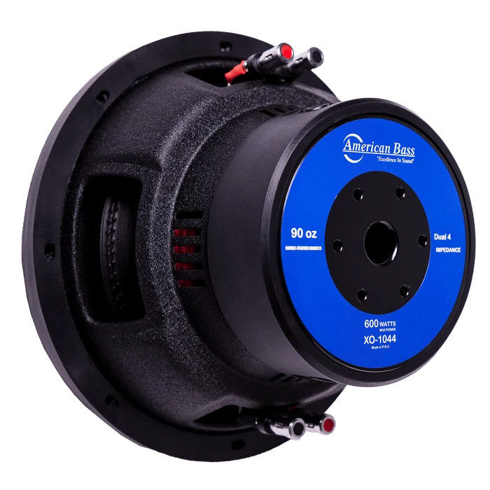 Car subwoofer backplate with blue label showing Dual 4 and red/black terminals